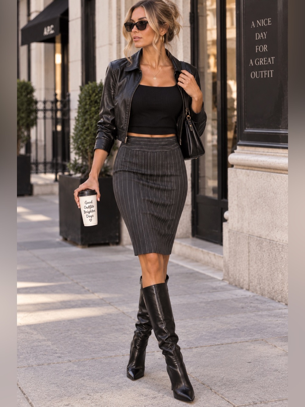 Pinstripe High-Waist Pencil Skirt - Black With White/Grey Pinstripes